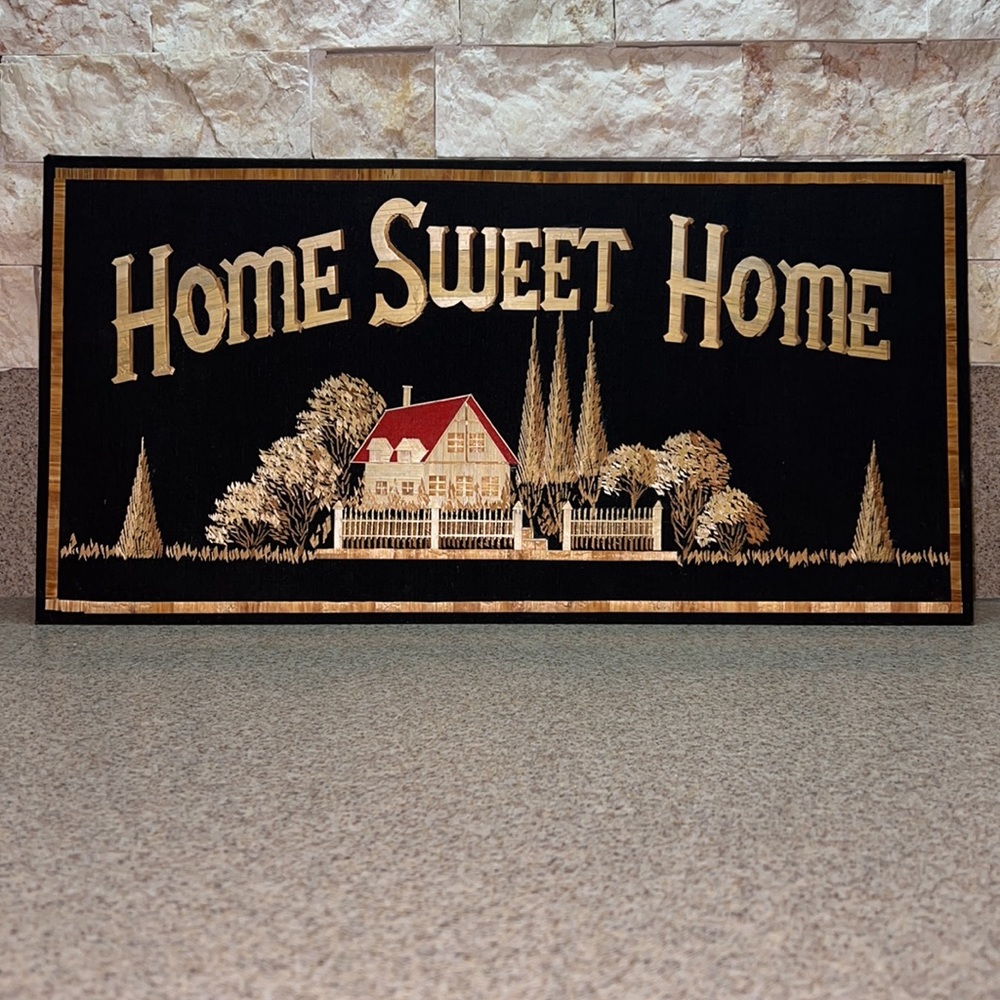HOME SWEET HOME sign Vintage Rice Straw Art Folk Art Fabric & Wood Silhouette